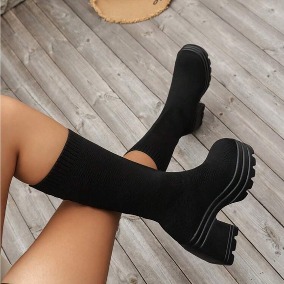 Women's Casual Knitted High Heel Thick Sole Fashion Boots, Elastic Over-the-knee - Picture 5 of 6